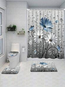 Bộ 4 rèm tắm phong cách nông trại màu xanh dương họa tiết hoa cúc và bướm, bộ rèm tắm phong cách Boho mộc mạc màu xanh xám kèm 12 móc treo. - A - Xem 17