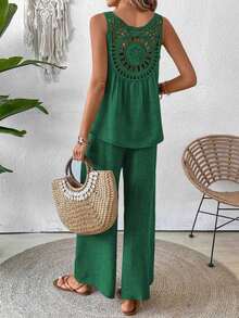 Conjunto de top sin mangas y pantalones de pierna ancha con parte posterior de malla de encaje para mujer, color albaricoque, para primavera/verano - Verde Oscuro - Ver 4