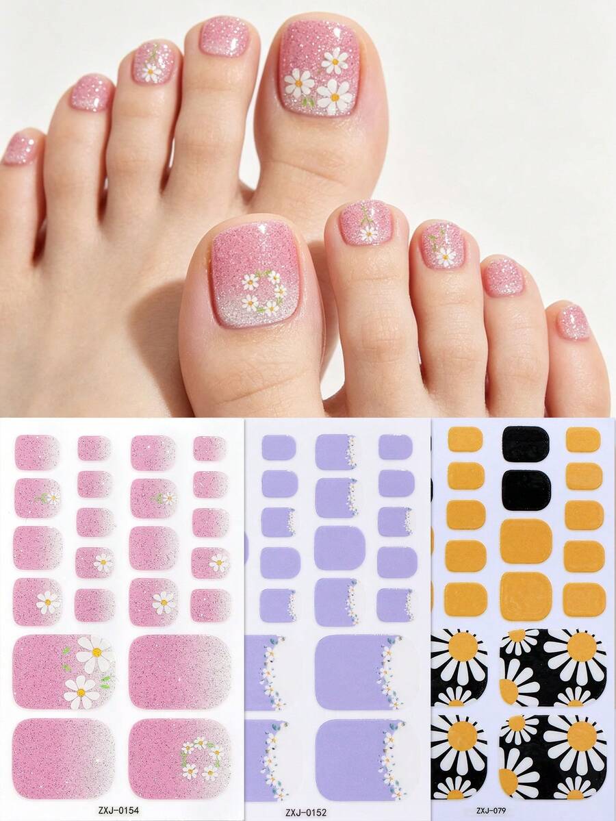 3pcs Glitter Flower Toe Nail Wraps, Spring/Summer Fresh Sweet Toe Nail Strips,Easy To Apply,Suitable For Women's Vacation, Holiday Parties, Dates, And Home DIY Nail Stickers - Multicolor - View 1