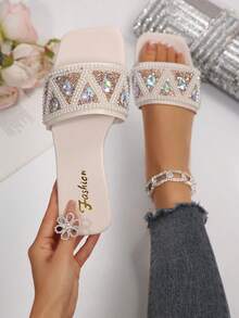 Women's Square Toe Flat Slippers, Fashion Party Slippers, Rhinestone Sexy Style, Matching With Dresses, Spring/Summer - Beige - View 2