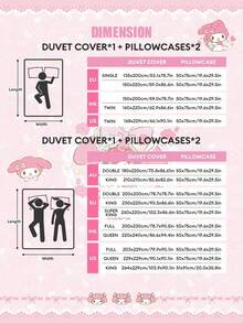 SANRIO 三丽鸥可爱印花三件套床上用品 - 美乐蒂（1 个被套 + 2 个枕套，不含被芯），卡通全尺寸，柔软舒适，适合宿舍、家庭卧室、酒店，四季皆宜，带拉链封口和枕套，多色耐用，超大尺寸被套套装 - 西瓜粉 - 查看 4