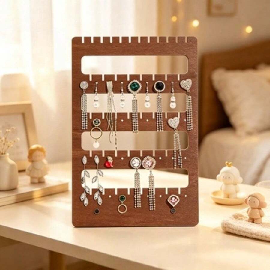 Wooden Jewelry Display Stand, Earring Organizer Rack, Multi-Layer Earring Necklace Ring Storage Holder, Home & Retail Store Decor - Brown - View 1
