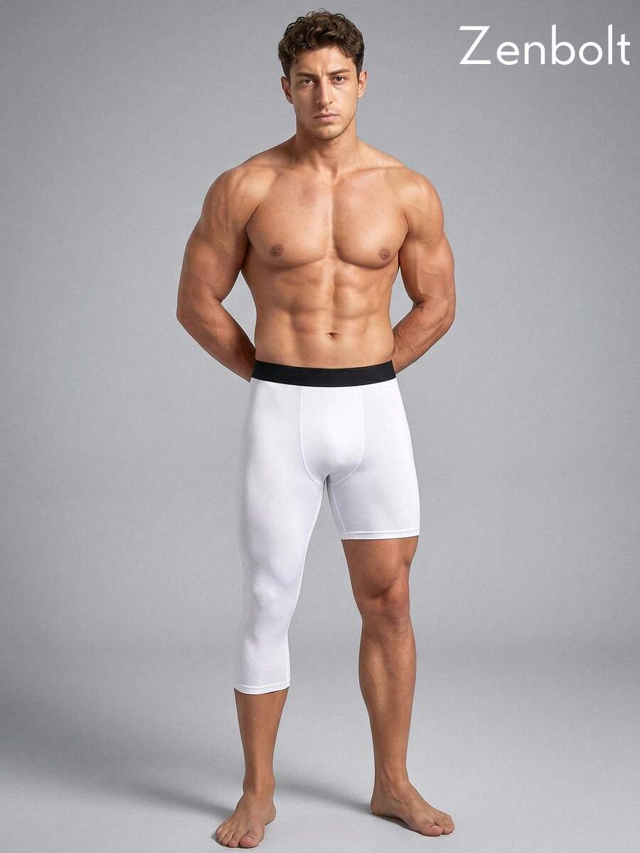 Zenbolt Men Asymmetrical Single Leg Compression Tights, Black One Leg Capri Leggings Sports Base Layer For Basketball & Gym - White - View 1