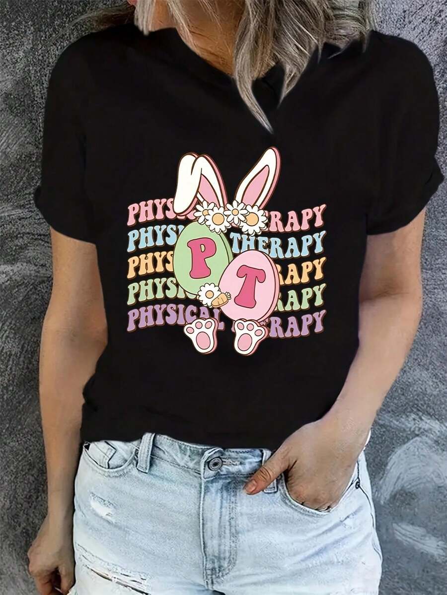 Casual Short-Sleeve Top Featuring An Easter Bunny Design, Perfect For Spring And Summer, Suitable For Women'S Wear - Hitam - View 1