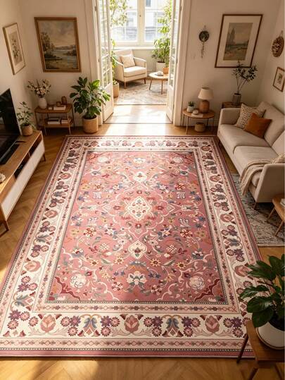 Luxury Soft Velvet Vintage Persian Floral Medallion Area Rug, Pink Retro Ornate Traditional Pattern Non-Slip Low Pile Washable Floor Carpet, Elegant Bohemian Style Rug For Living Room Bedroom Home Interior Decor