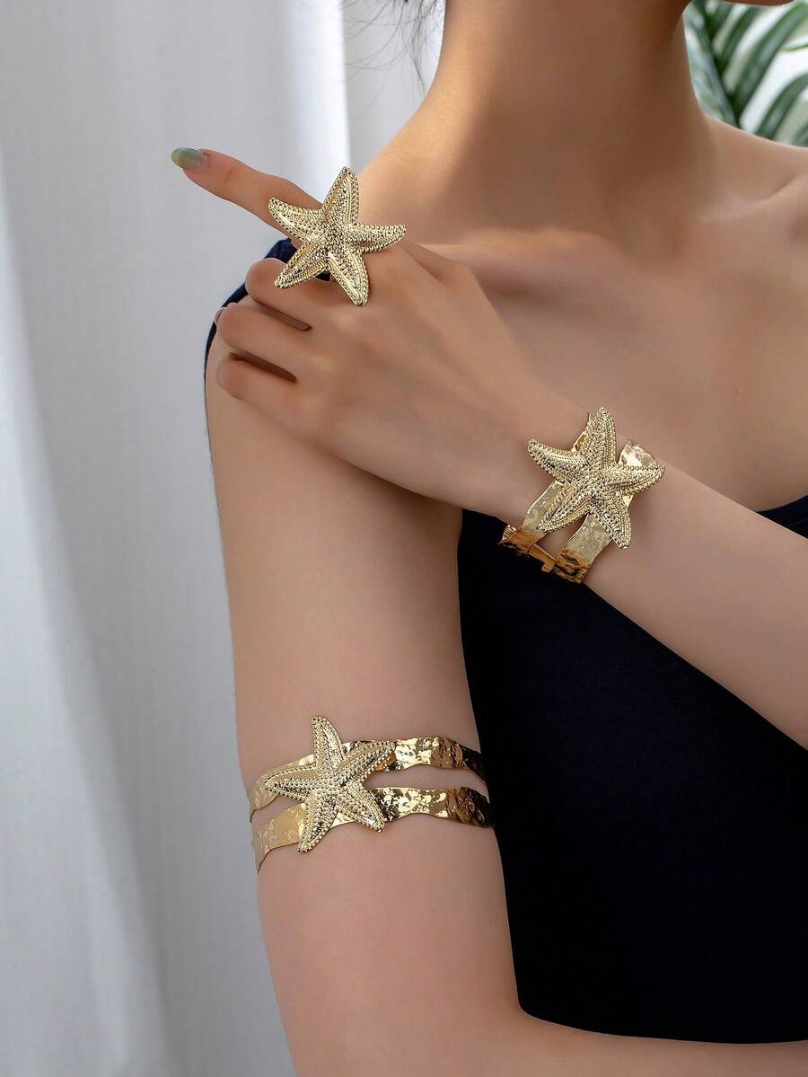 3件套时尚个性夸张海星臂环、手链、戒指套装，适合女性日常佩戴 - 金黃色三件式 - 查看 1