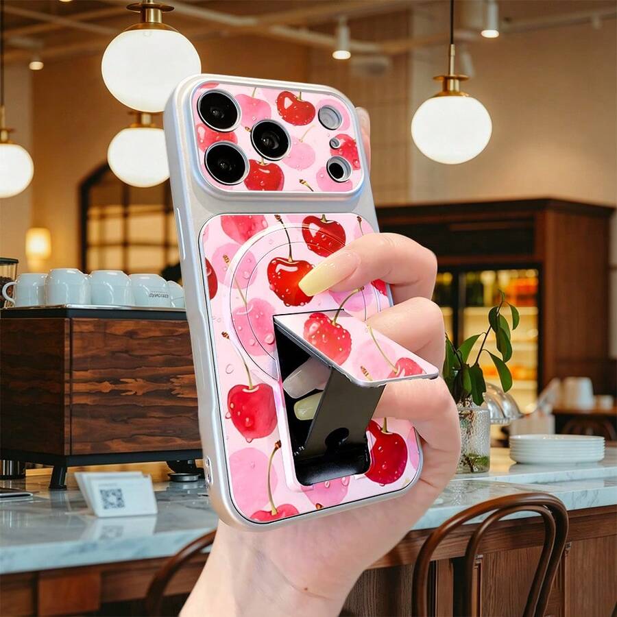 1pc Fashionable Silver Cherry Drop Pattern Phone Case, Anti-Fall, Full Coverage, Precise Cutouts, Minimalist & Stylish Design, Suitable For IPhone, Protective, Ideal Choice For Fashion Enthusiasts - Silver - View 1