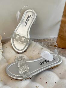 1 Pair Of Girls' Transparent Leather Sandals With Rhinestone Chain Decoration, Design, Flat Open-Toe Sandals, Stylish And Simple, Children's Summer Casual Comfortable Versatile Sandals. - Clear - View 6