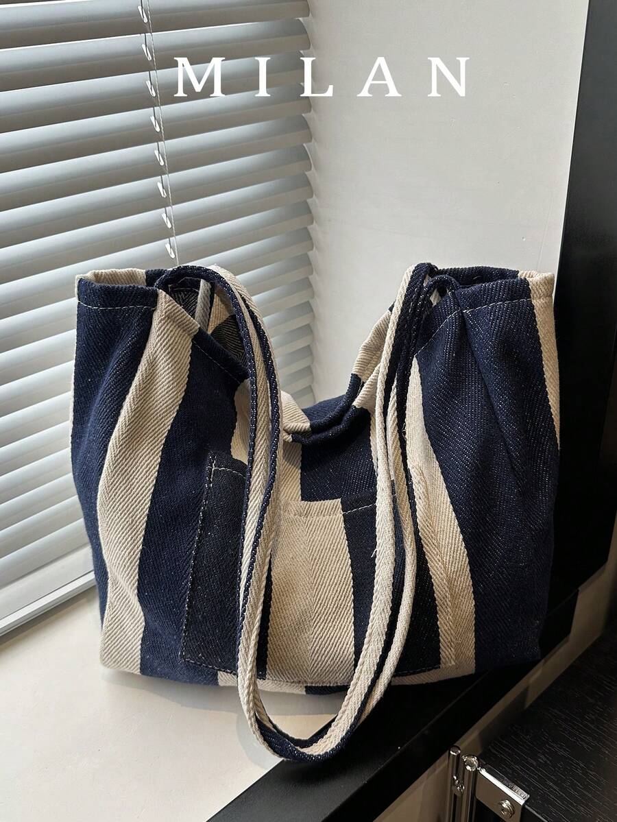 Retro Striped Canvas Tote Bag, Large Capacity Versatile, Suitable For Work, School Or Outings, Student Backpack, Canvas Bag, Beach Bag, Vertical Stripe Color Random
