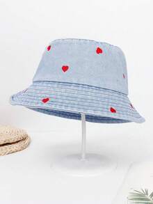 1pc Sweet Red Heart Embroidered Denim Bucket Hat - Casual Y2K Style Summer Sun Hat For Daily Wear - 1PC - View 7