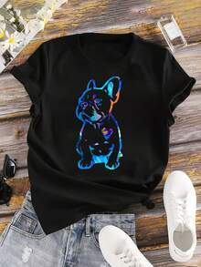 Colorful Cotton T-Shirt With Gradient Puppy Print, Plus Size - Black - View 1