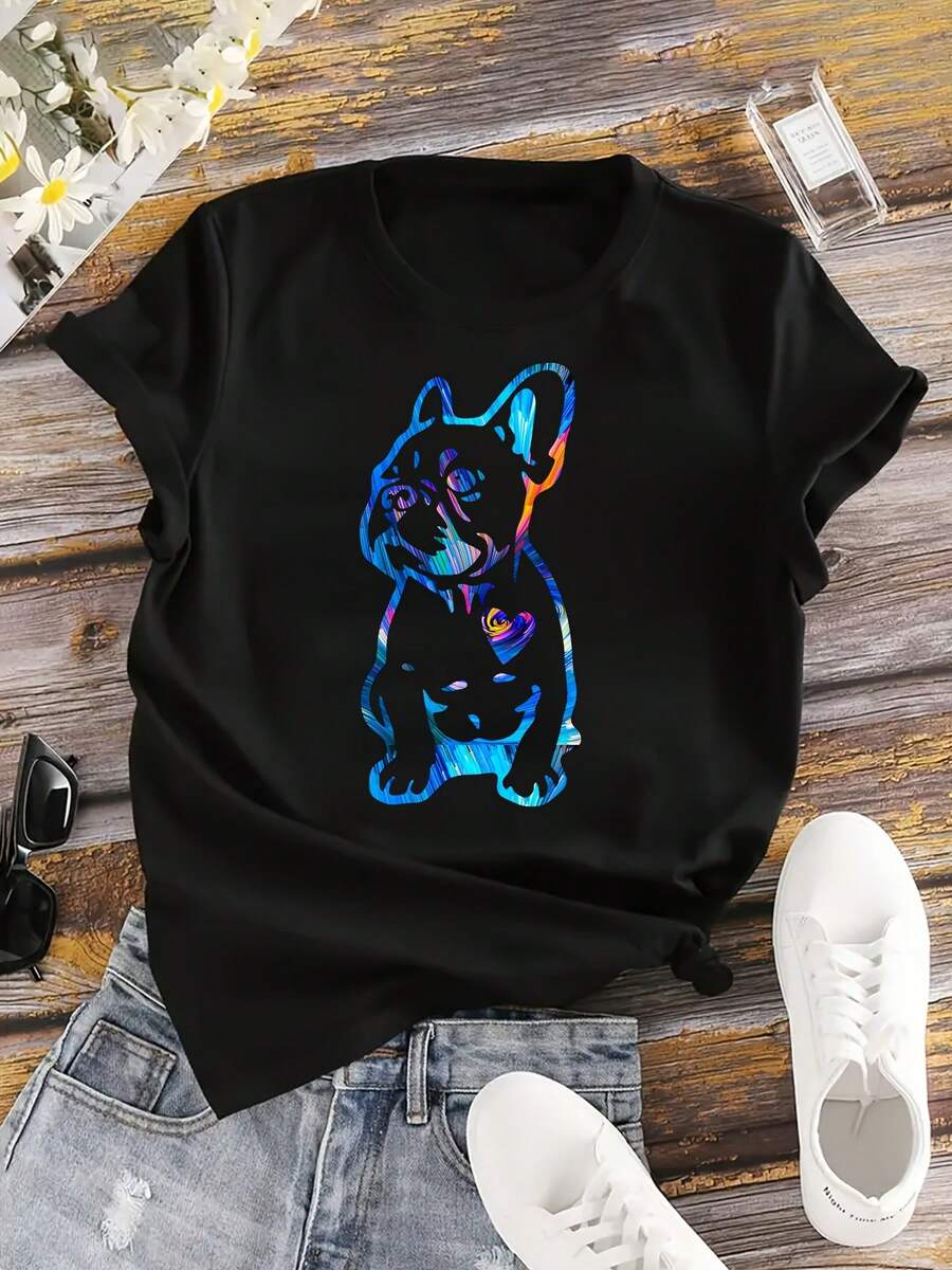 Colorful Cotton T-Shirt With Gradient Puppy Print, Plus Size - Black - View 1