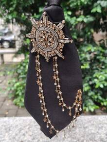 【手工制作】【独特设计】水钻流苏可拆卸领带,女士衬衫及西装装饰性宽松领带,小众设计 - 黑色 - 查看 4