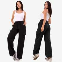 Women's Cargo Pants With Pockets Winter Drawstring Sweatpants - 黑色 - View 2