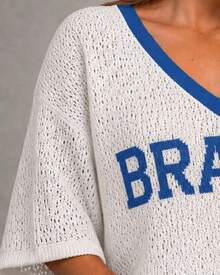 Women's T-Shirt Brazil Striped Knit Oversized Short Sleeve Knit Blouse Fashion World Cup - Blanco y azul - Ver 4