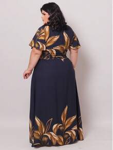Women's Plus Size Long Dress With Leaf Print, V-Neck, Front Gathering, Short Sleeves, Elastic Back, Viscose Linen Twill Fabric, Elegant. - 海軍藍條紋 - 查看 7