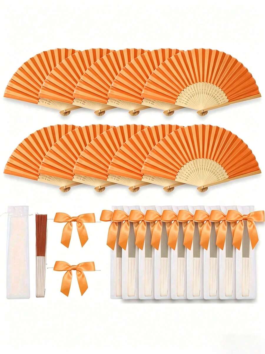 3/15/30pcs Summer Orange Wedding Folding Fan Set, Elegant Women's Paper Hand Fan With Green Bow And Transparent Gift Bag, Bamboo Folding Fan, Bridal Shower Party Favor, Bridesmaid Proposal Gift, Wedding Souvenir, Birthday Party Favor, Photo Booth Prop, Summer Party Decoration,