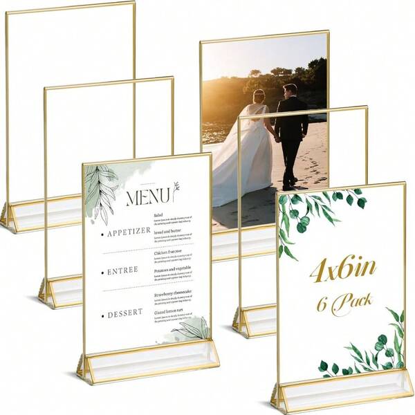 Khung biển hiệu acrylic viền vàng, dạng dọc, bộ 6 cái | Khung trong suốt hai mặt 4x6 inch, hoàn hảo cho tiệc cưới, trang trí bàn tiệc, tiệc tùng, kỷ niệm, sự kiện.