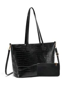 Versatile 2Pcs Durable Crocodile PU Leather Tote Bag Set For Women, Stylish Large Capacity Daily Handbag With Premium Metal Hardware For All Occasions - Multicolor - View 9