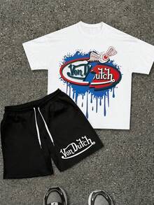Vons Dutch Official Licensed 2-Piece Outfit, Summer T-Shirt & Summer Shorts Set, Paint Drip Winged Eye Logo Graphic, Casual Y2K Streetwear For Men - 黑色 - 查看 2