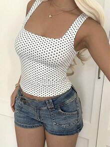 Top de punto con estampado de lunares blancos en estilo , blusa sin mangas adecuada para la playa, el trayecto y el uso casual de verano - Blanco - Ver 6
