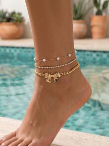 2pcs/Set Versatile Alloy Metal Bow Tie & Faux Pearl Rhinestone Anklet Jewelry, Suitable For Women's Daily Outfit, Beach, Party Wear. Chain Length Customizable - Multicolor - View 1