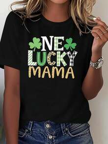 Camiseta de mamá de la suerte del día de San Patricio de las mujeres | Multi-textura de la fuente y la decoración del trípol, manga corta casual, elegante festivo mamá diario para la primavera / verano - Negro - Ver 2