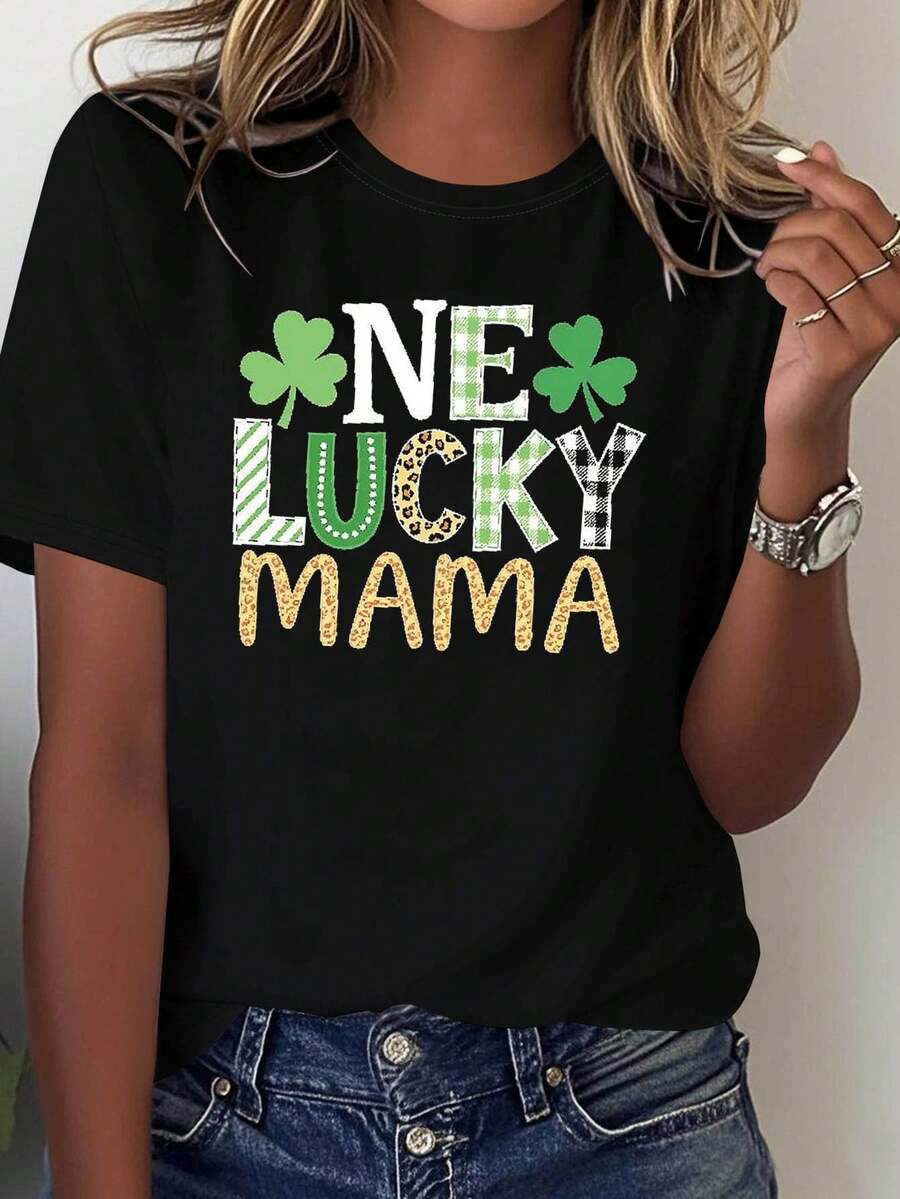 Camiseta de mamá de la suerte del día de San Patricio de las mujeres | Multi-textura de la fuente y la decoración del trípol, manga corta casual, elegante festivo mamá diario para la primavera / verano