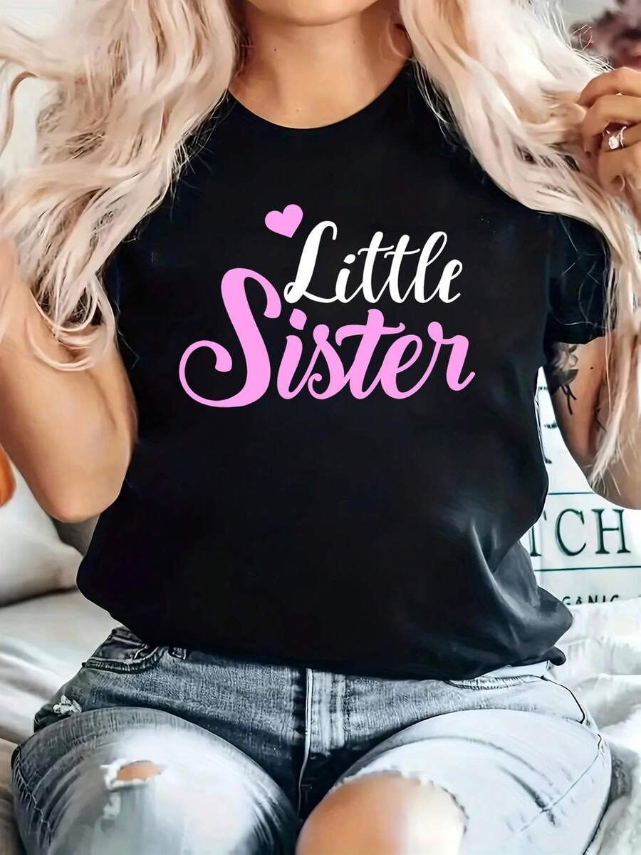Women's Slim Relaxed Fit Short T-Shirt - Black With Pink Cursive Little Sister Lettering, Breathable Medium-Stretch Fabric, Casual Summer Top, Machine Washable Cute Sister Outfits For Casual Attire - 黑色 - 查看 1