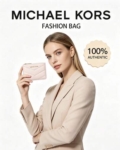Michael Kors MK Jet Set Travel Small Quilted Coin Pouch Leather Zip Compact Wallet For Women RFID Blocking Credit Card Case Holder Wallet With Back ID Card Window And Keychain