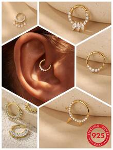1pc 925 Sterling Silver CZ Diamond Hinged Flip Earrings, Hypoallergenic Oxidation Resistant Cartilage Earrings Nose Rings Jewelry, Multiple Styles For Daily Wear, Stacking Earring Designs, Suitable For Graduation, Mother's Day Gifts For Her - Gold - View 10