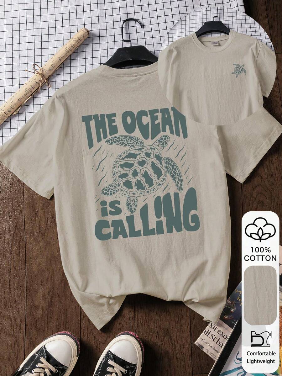 Ocean Calling & 海龜印花夏季女款休閒時尚 100% 純棉短袖上衣,圖案上衣,夏季 T 恤,女款 T 恤,夏季上衣,度假穿搭,海灘風格,夏季上衣,女裝,老錢風鄉村風,阿根廷,假期 - 灰色 - 查看 1