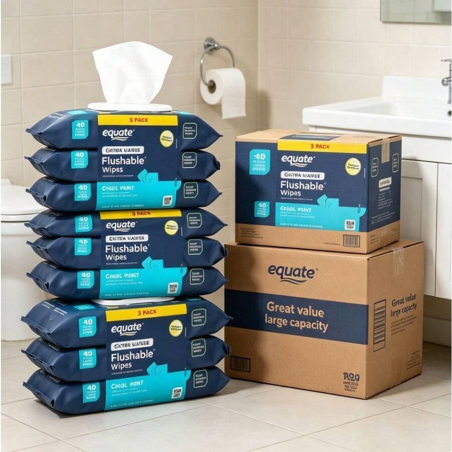 Holiday Family Pack Special | Save More On Daily Essentials | Equate Extra Large Flushable Wet Wipes, Cool Mint Scent, Compare To Dude Wipes®, Generous Size For Full Coverage Cleansing, Refreshing Mint Aroma + Fast-Dissolving Septic- Design - 1 - View 1