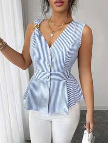 Elenzya 2026 New Summer Fashion Elegant Luxury Linen Striped Design V-Neck Metal Button Waist A-Line Sleeveless Casual Blouse For Women - Xanh và trắng - Xem 6