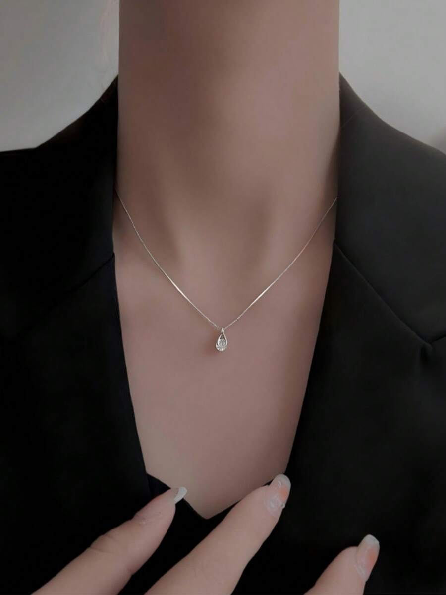 Dây chuyền mặt dây chuyền hình giọt nước bằng hợp kim đồng đính đá Zirconia dành cho nữ - Bạc - Xem 1
