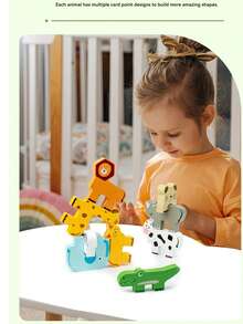 Animal Tower Stacking Blocks, Children Hand-Eye Coordination & Balance Training, Concentration & Intelligence Development Tabletop Game, Wooden Building Blocks Stacking Toy For Parent-Child Play - 彩色 - 查看 7
