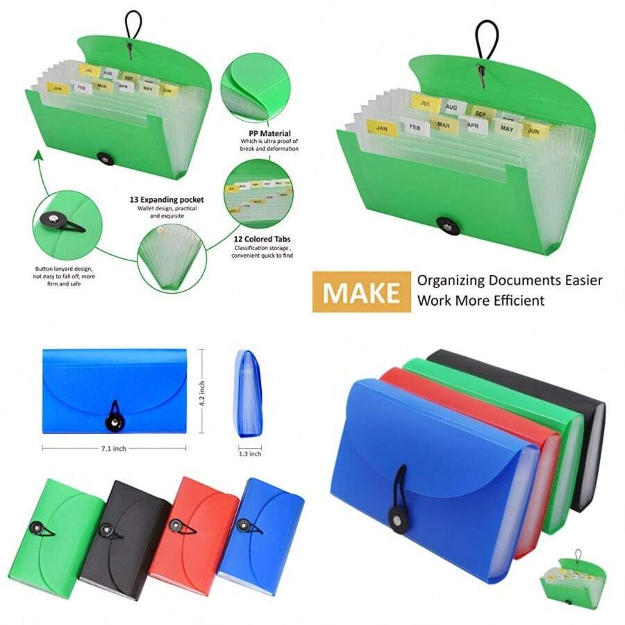 SEEKIND - Carpetas expandibles para archivos 4 unidades 7.1 pulgadas 4.2 pulgadas carpeta organizadora de recibos con 13 bolsillos para oficina tarjetas boletos resistentes al agua - Verde Rojo Azul Negro - Ver 1