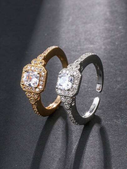 1pc Fashion Cubic Zirconia Women's Ring, Square Design, Gold-Plated Ring, Silver-Plated Ring, Dual Color Options, Adjustable Open Band, Suitable For Daily Wear, Great Gift Choice, Ideal For Eid Al-Adha Distribution