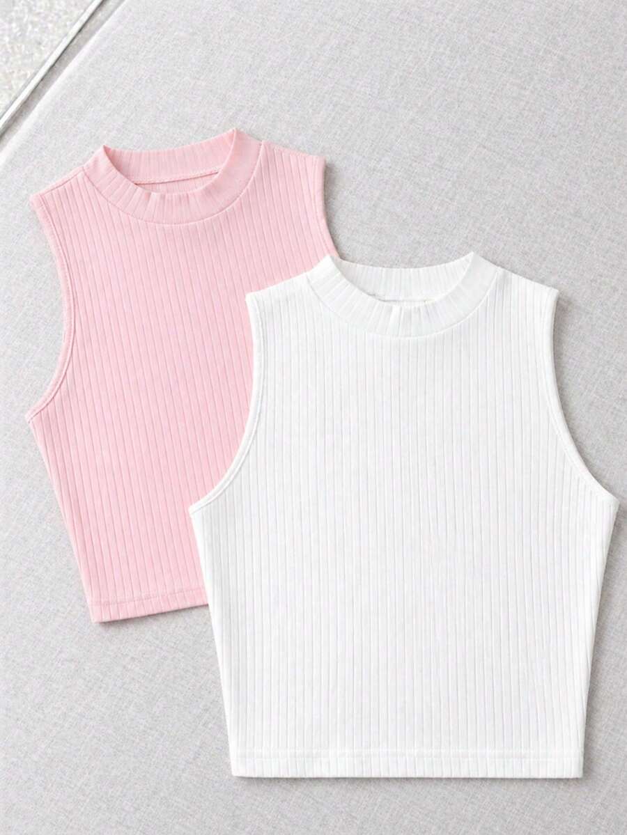 Women's 2 PACKS Ribbed Knit Crop Tank Tops, Sleeveless Crew Neck Slim Fit Casual Basic Tops - Pink - View 1