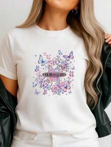 Damen-T-Shirt Mit Wunderschönem Print Mit Violetten Schmetterlingen - White - View 1