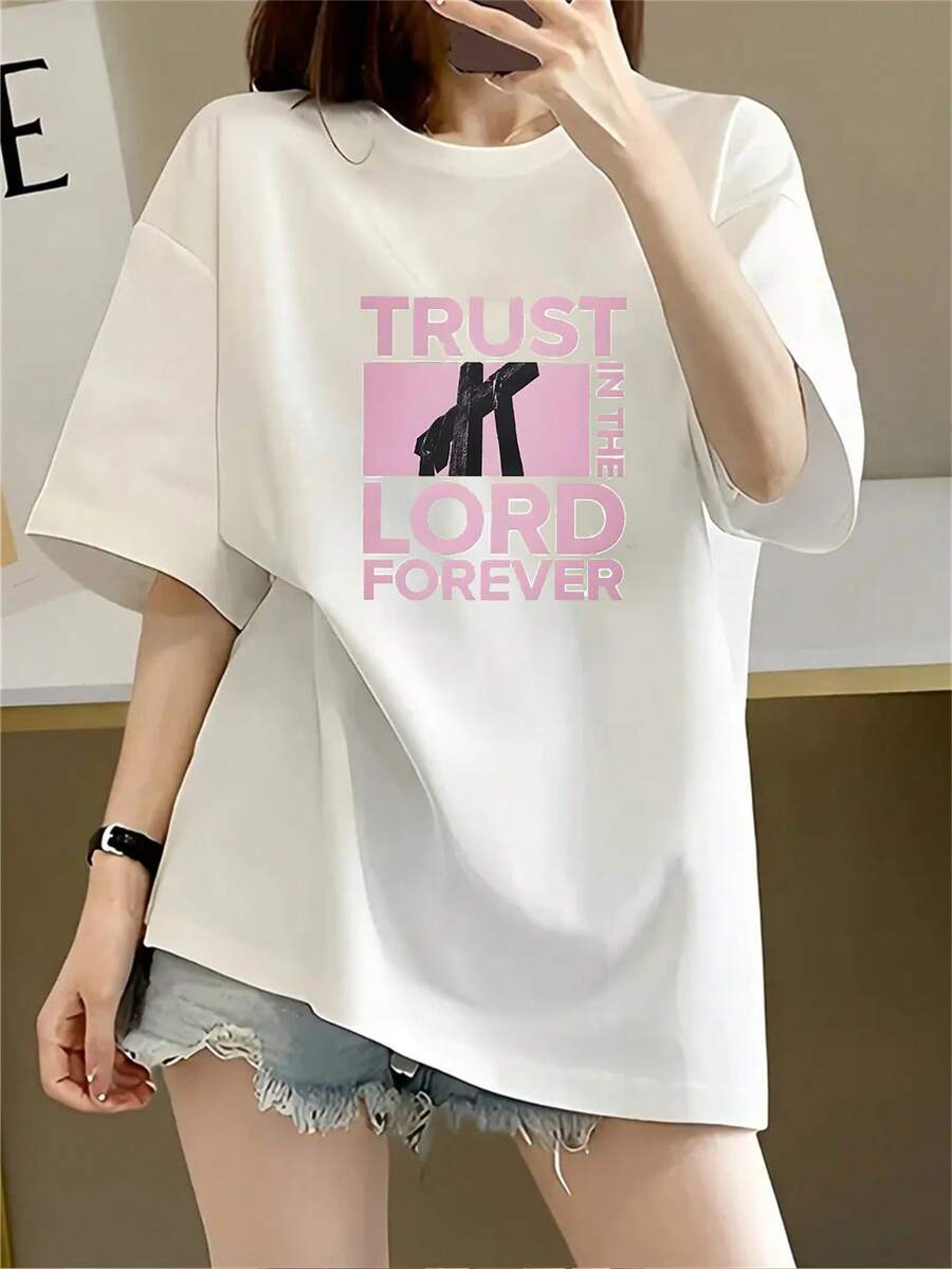 Camiseta de manga corta casual de las mujeres - Top de verano suelto blanco, impresión geométrica, tela brillante suave, camiseta de cuello redondo lavable en máquina, comodidad diaria