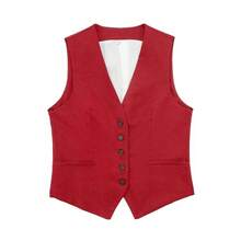 Conjunto liso Vintage para mujer, chaleco sin mangas con cuello de pico y botones, Top + bolsillos, pantalón corto elegante salvaje para ir al trabajo, verano 2024 - techo rojo - Ver 4