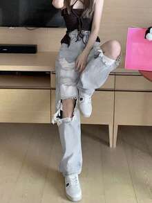 女士高腰口袋做旧直筒宽松休闲牛仔裤度假款 - 淺色水洗藍 - 查看 5