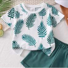 Toddler Boys' Leaf Print Short Sleeve Outfit, Comfortable & Fashionable Top And Khaki Shorts, Suitable For Playground, Park And Daily Wear - Dark Green - View 7