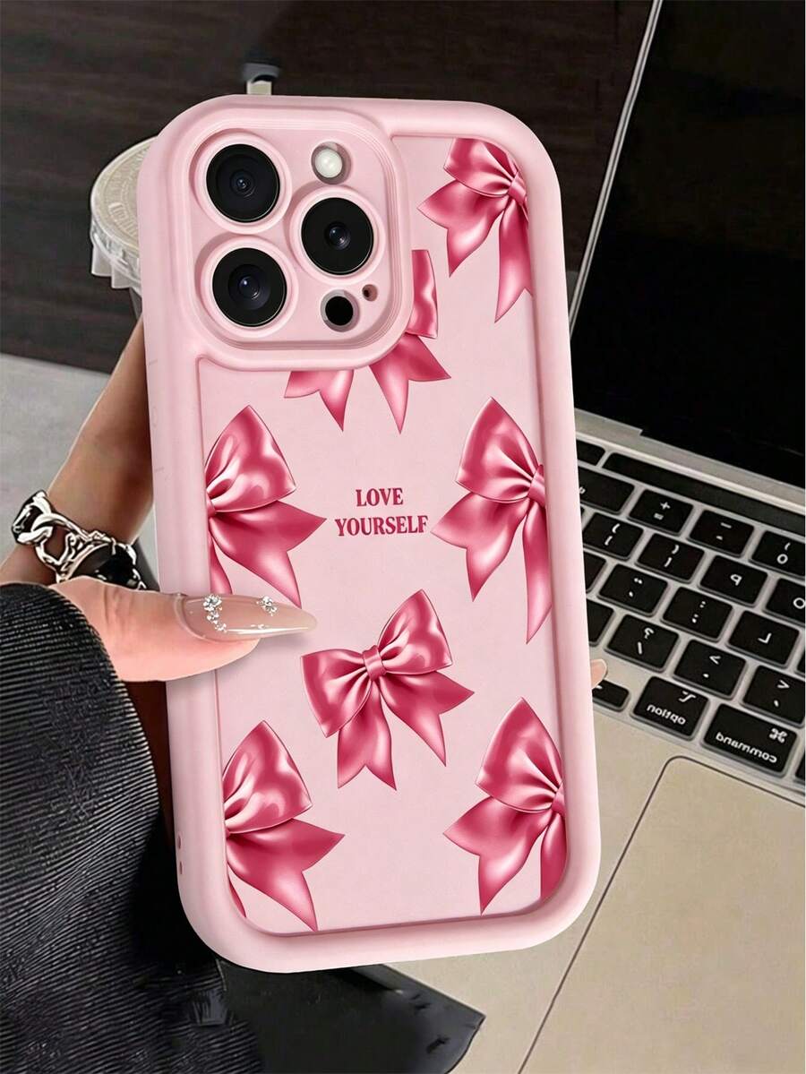 1 pieza Funda de teléfono a prueba de golpes de TPU con estampado de lazo rosa y eslogan, personalizada y compatible con iPhone 17 Pro Max/17Pro/16 Pro Max/16e/15 Pro Max/14 Pro Max 14 Pro/13 Pro Max/12 Pro/11/XR/XS/XS Max/7/8, estilo minimalista Ins, diseño de nicho, muy atractiva, puede ser un regalo de cumpleaños o festivo para amigos - Rosa - Ver 1