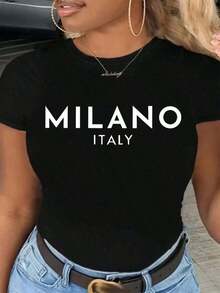 Limited Time Offer, Limited Quantity Available, Flash , Women's Shirts, Women's T-Shirts [Minimalist Style] Milano Italy Graphic Crew Neck T-Shirt For Women - Soft Polyester Blend, Casual Short Sleeve Tee With Bold Letter Print, Machine Washable, Black - 黑色 - 查看 9