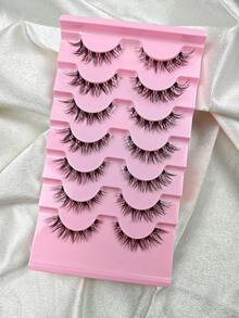 7 Pairs Natural Wispy Invisible Band False Eyelashes Medium Volume Comfortable & Lightweight Lash Set Naturally Slender Cross-Shaped Elongated Eyeliner With Easy Application Reusable Flared Effect - Black - View 7