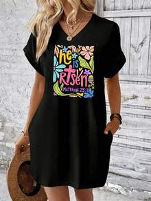 V Neck Dress Black He Is Risen Matthew 28 8 Floral Easter Design For Spring Celebration - màu đen - Xem 2