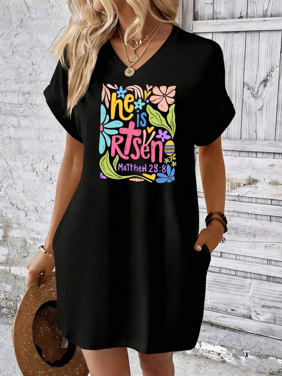 V Neck Dress Black He Is Risen Matthew 28 8 Floral Easter Design For Spring Celebration - 黑色 - 查看 1