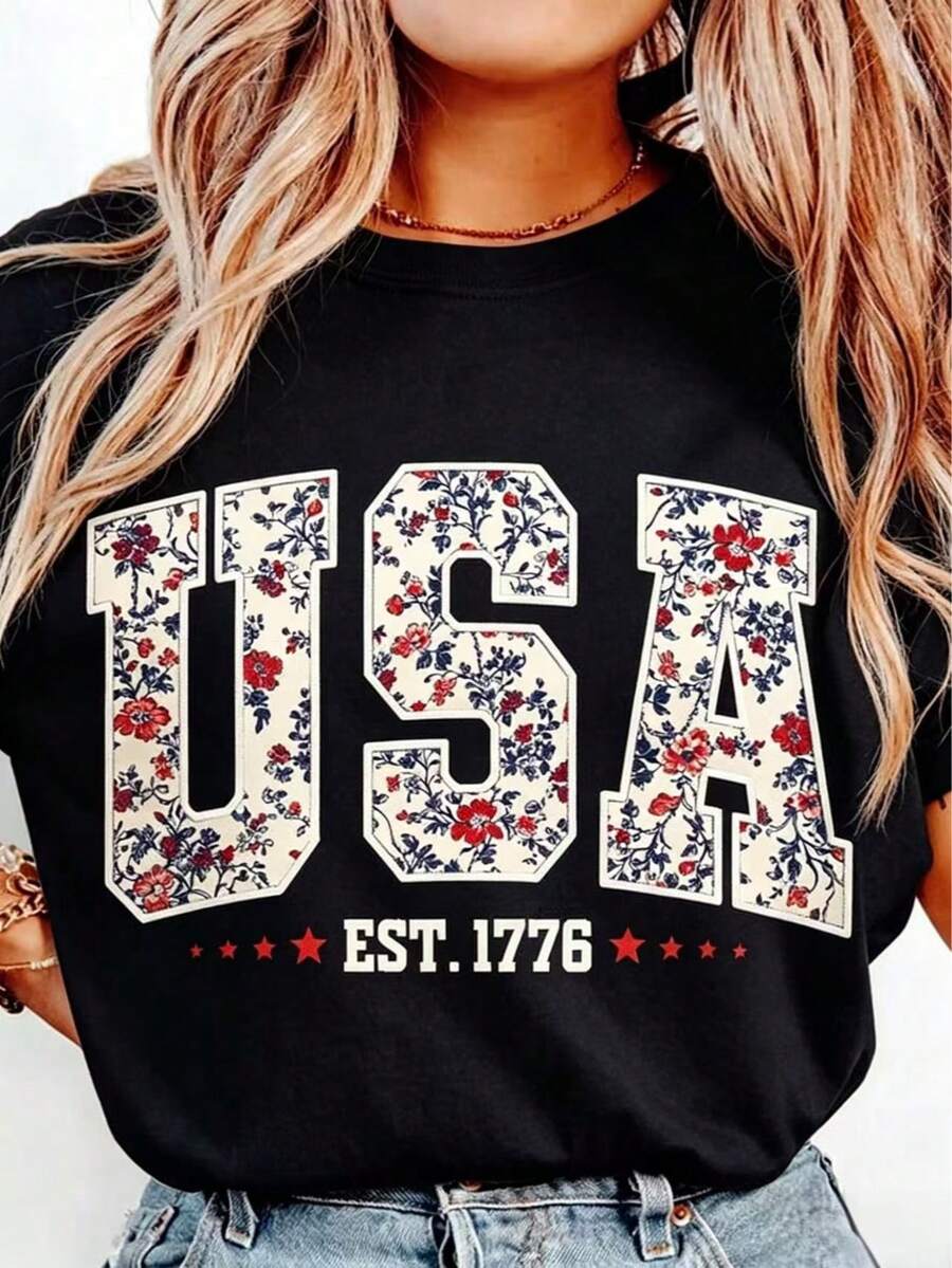 Floral USA Shirt, Retro America Shirt, 4th Of July PNG, 4th Of July, Retro USA ,Soft Cotton, Unisex Fit, Classic Design-Loose-Fit Easy Relaxed Styl - 黑色 - 查看 1